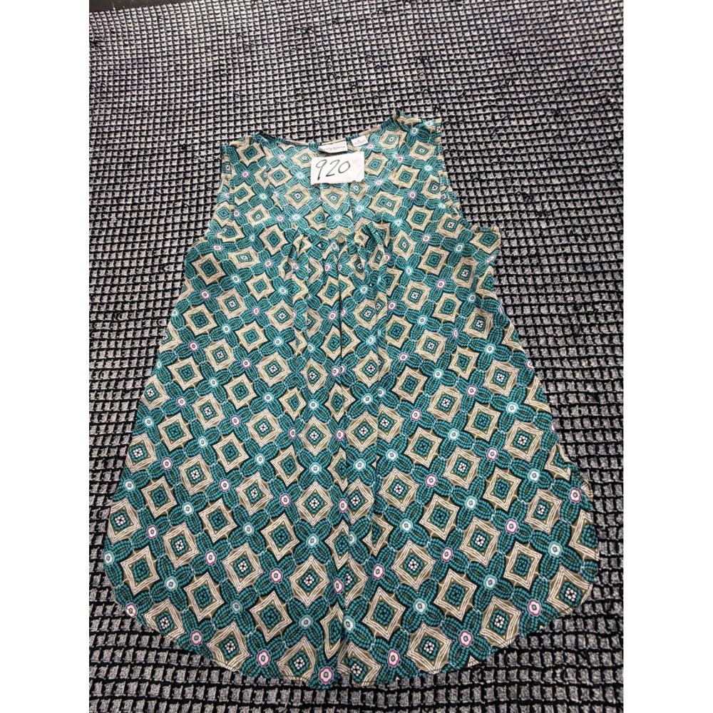 Liz Claiborne Blouse Womens PL Teal Geometric Excellent Sleeveless Pleated Top